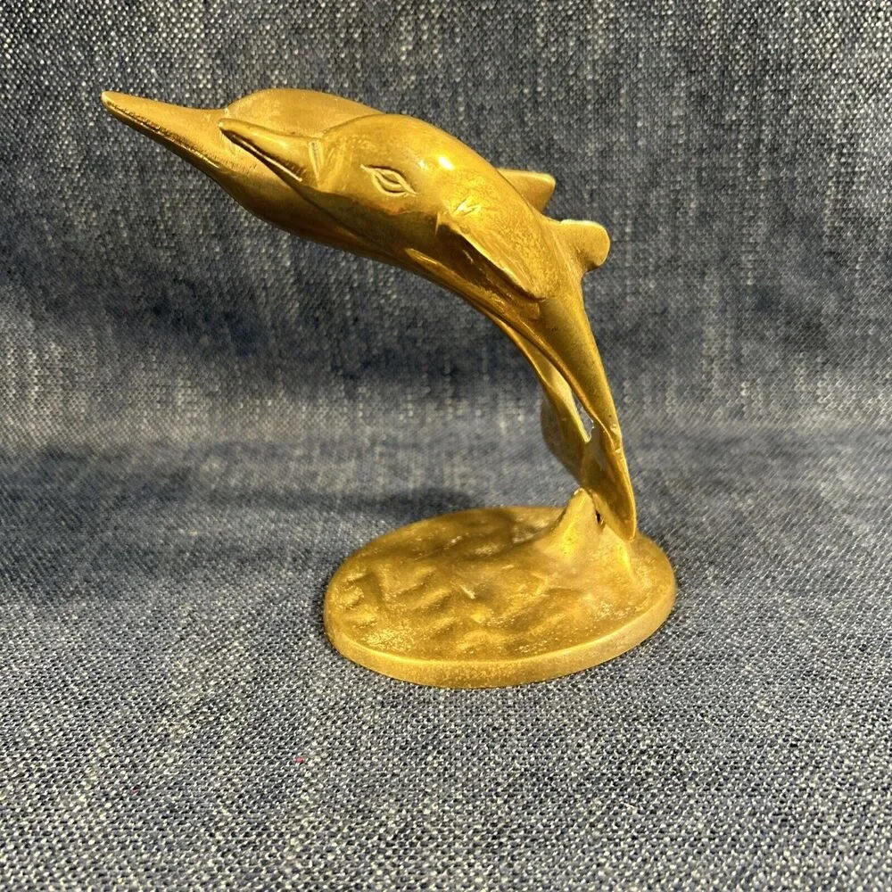 VTG brass dolphin pair leaping figure sculpture paperweight 5.5”